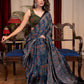 Pure modal silk block printed blue Ajrakh saree with floral motifs