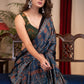 Pure modal silk block printed blue Ajrakh saree with floral motifs