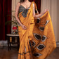 Exclusive hand batik pure silk mustard saree with abstract leaf motifs