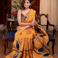 Exclusive hand batik pure silk mustard saree with abstract leaf motifs