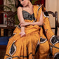 Exclusive hand batik pure silk mustard saree with abstract leaf motifs