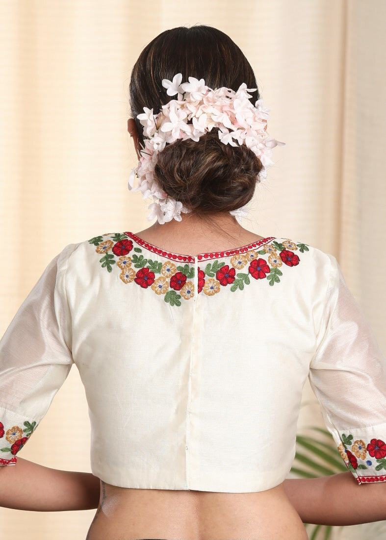 Beautifully Embroidered Off white Chanderi Blouse. Lining Given