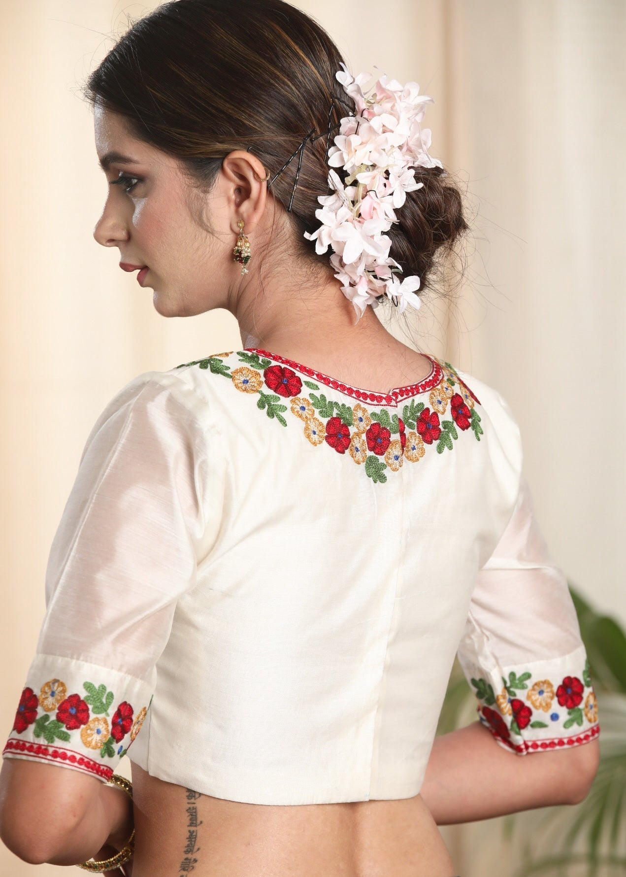 Beautifully Embroidered Off white Chanderi Blouse. Lining Given