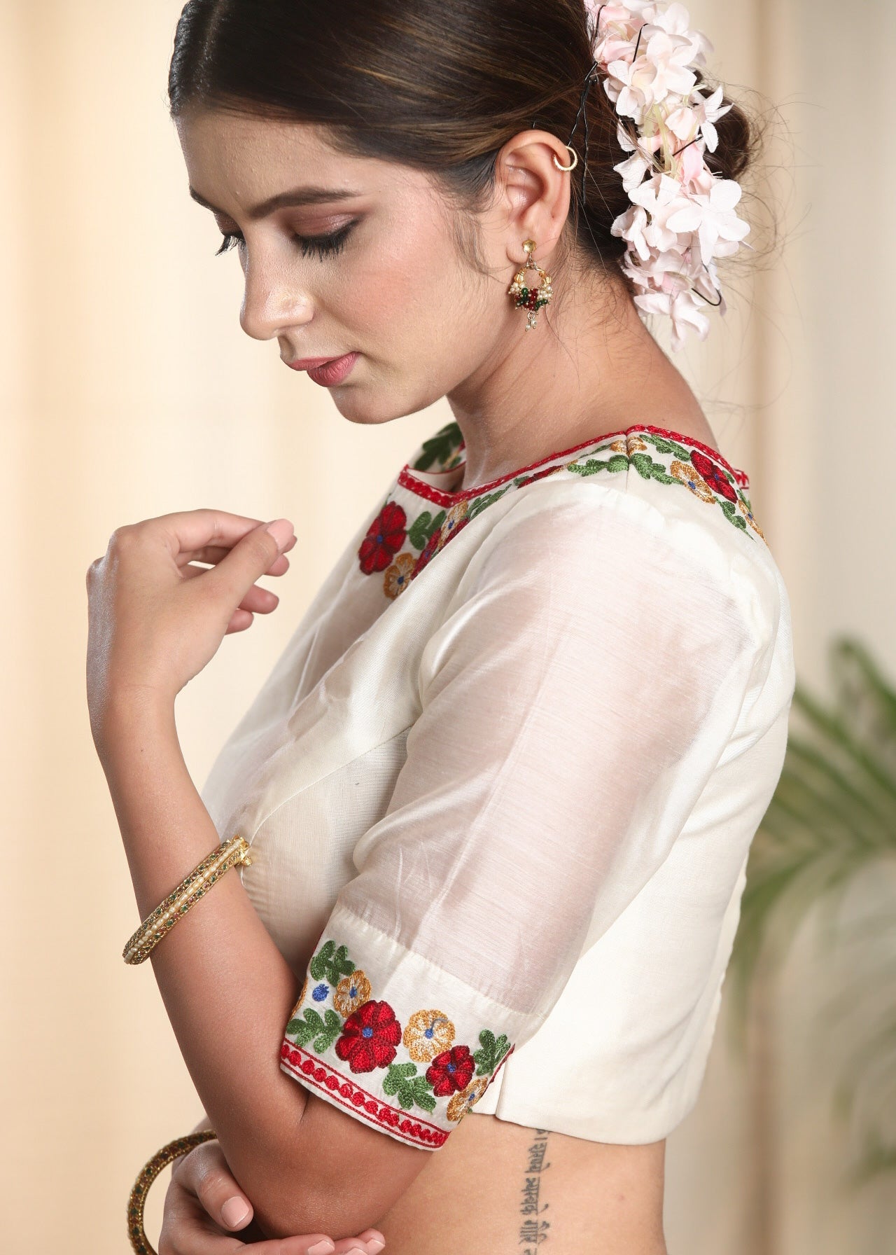 Beautifully Embroidered Off white Chanderi Blouse. Lining Given