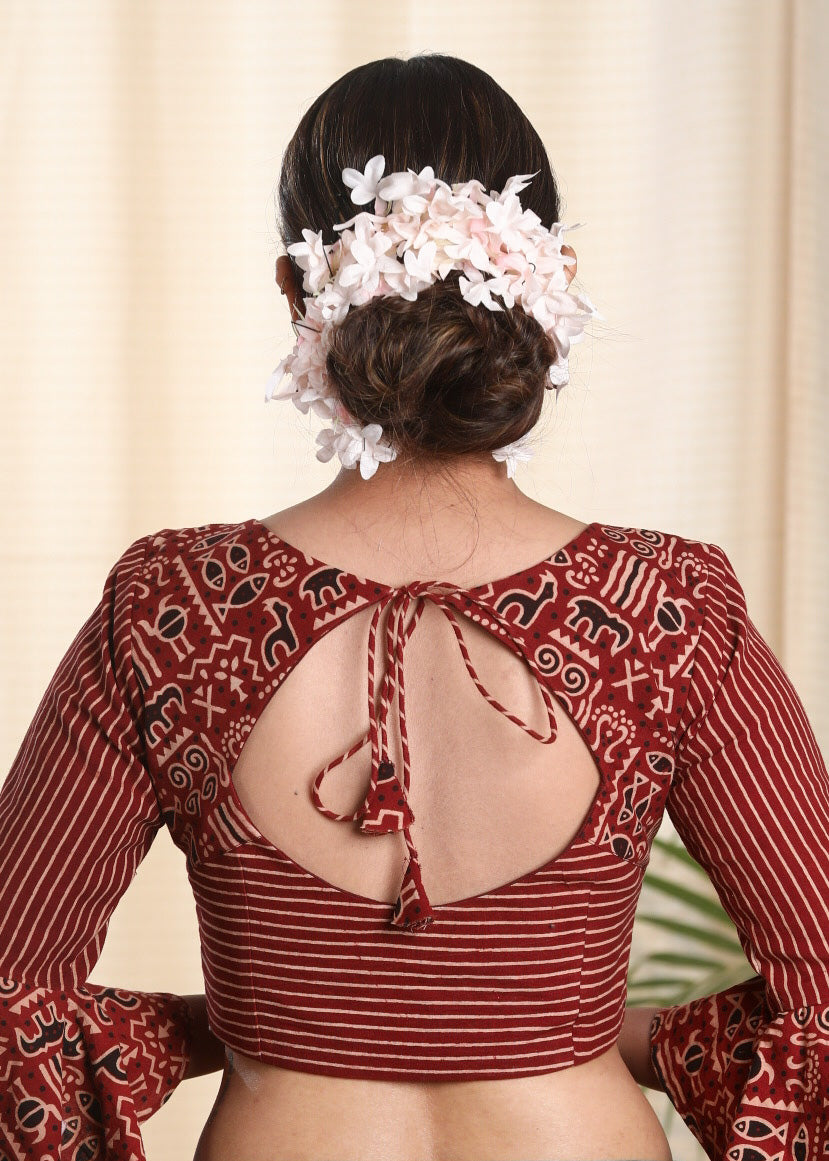 Trendy Cotton Ajrakh Combination Blouse with Peplum Sleeves