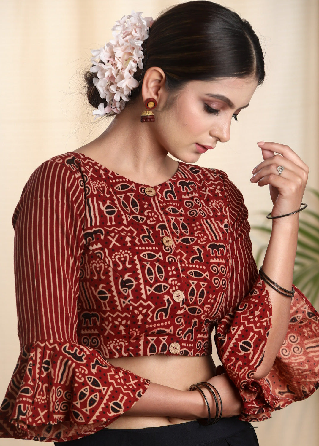 Trendy Cotton Ajrakh Combination Blouse with Peplum Sleeves