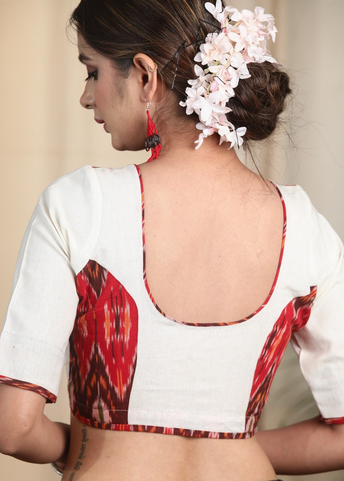 Elegant Ikat and Offwhite Contrast Cotton Blouse