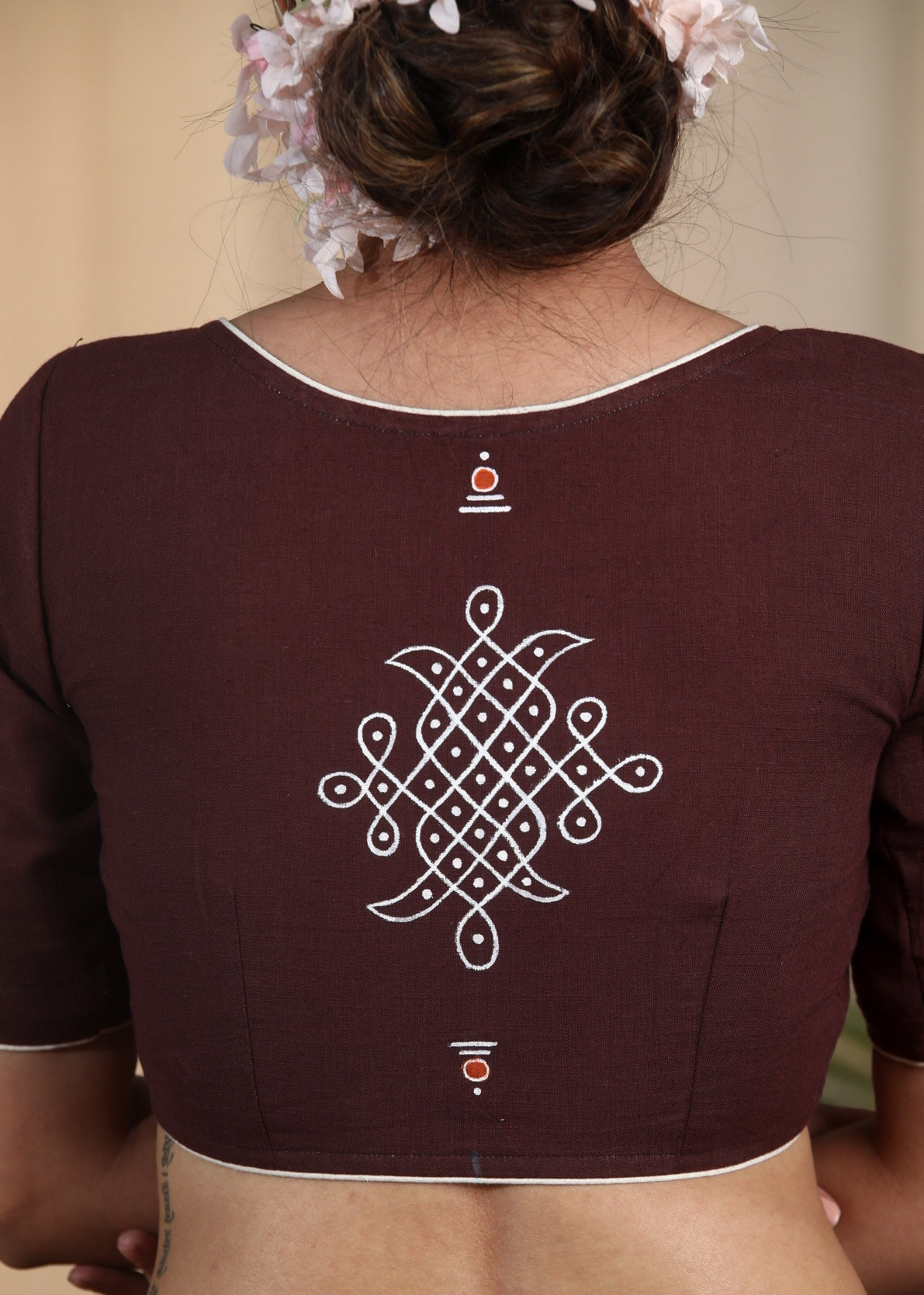 Coffee Brown Cotton Slub Blouse with Fine Hand painting on Sleeves and Back