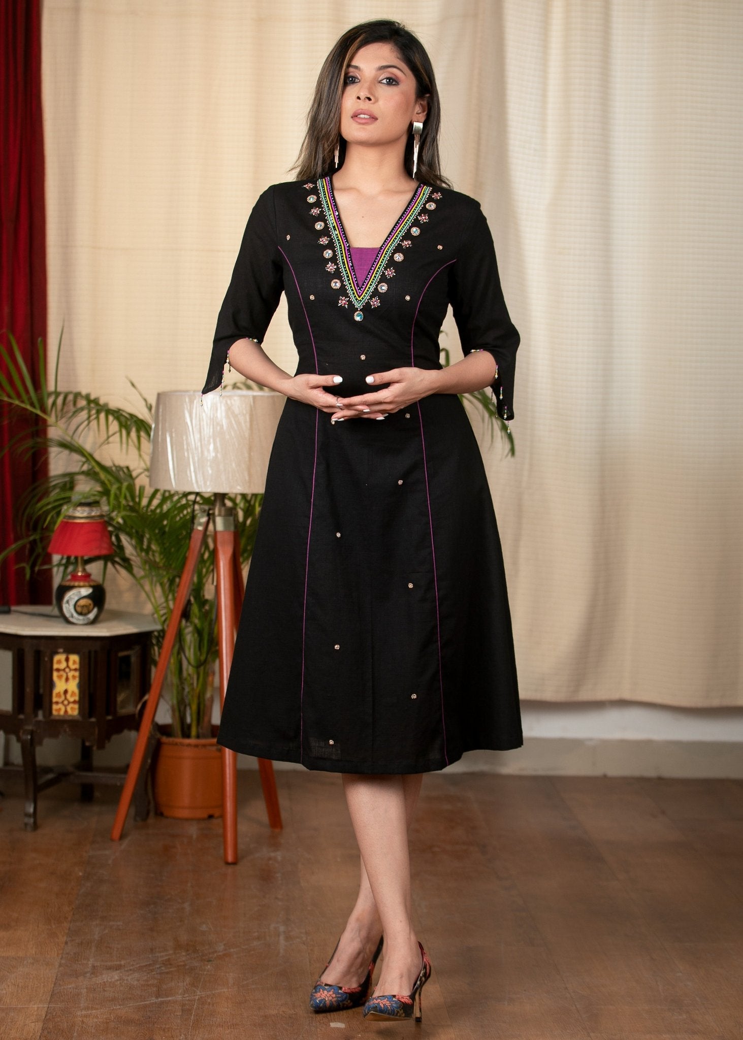 Black cotton dress with exclusive hand embroidered design – SujatraCA