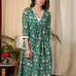 Exclusive green floral Jaipuri printed cotton dress