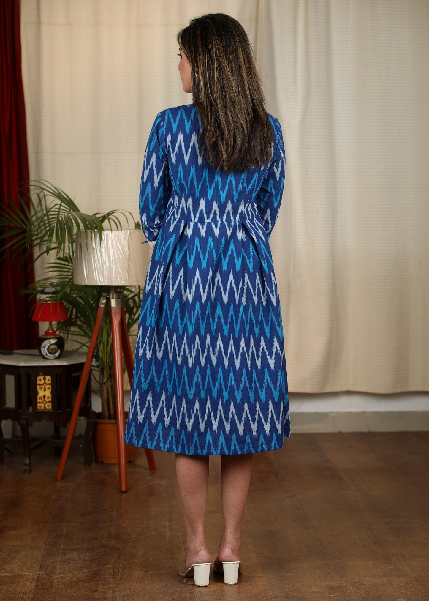 Exclusive blue ikat collared cotton dress