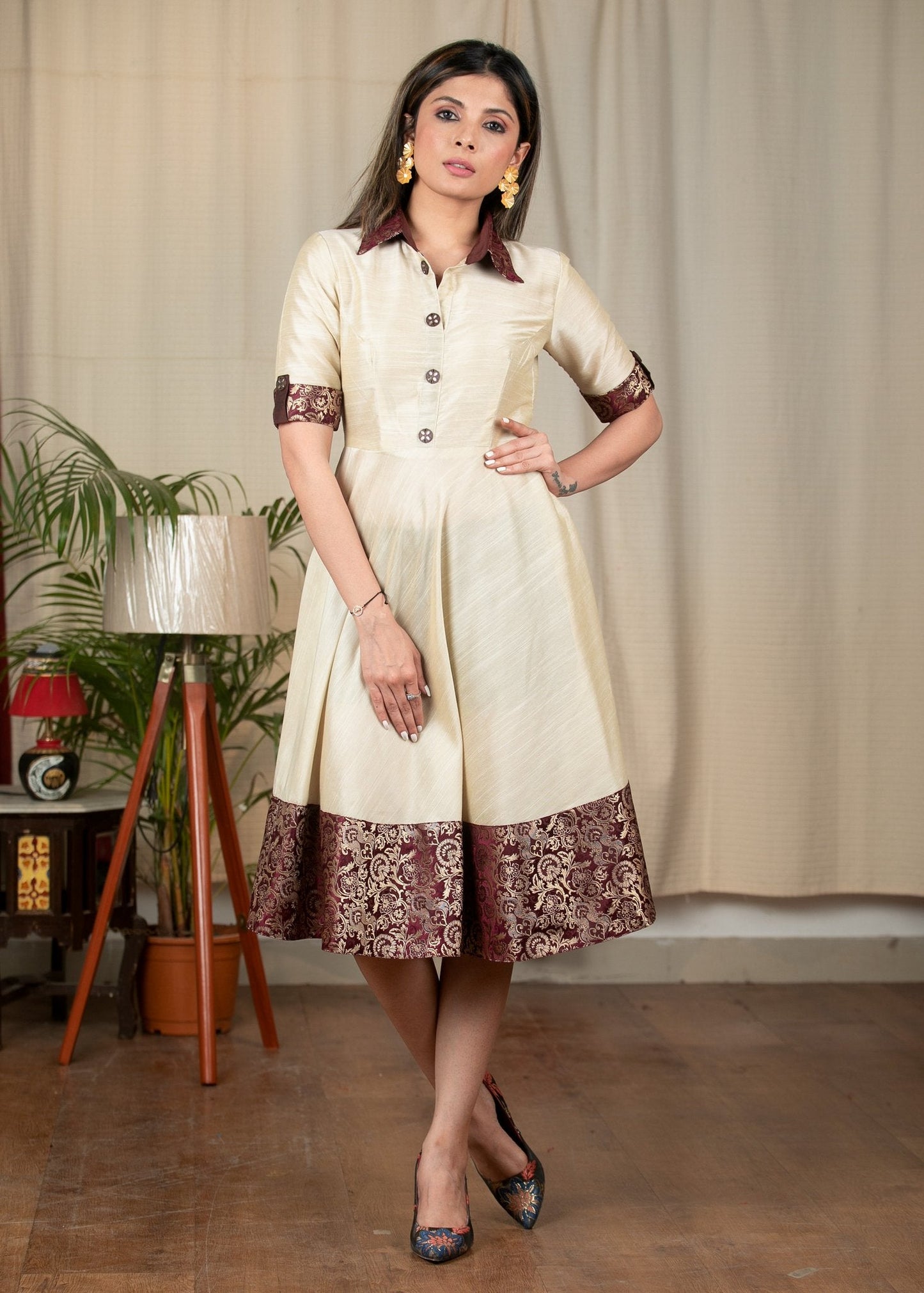 Cream cotton silk one piece dress with benarasi combination