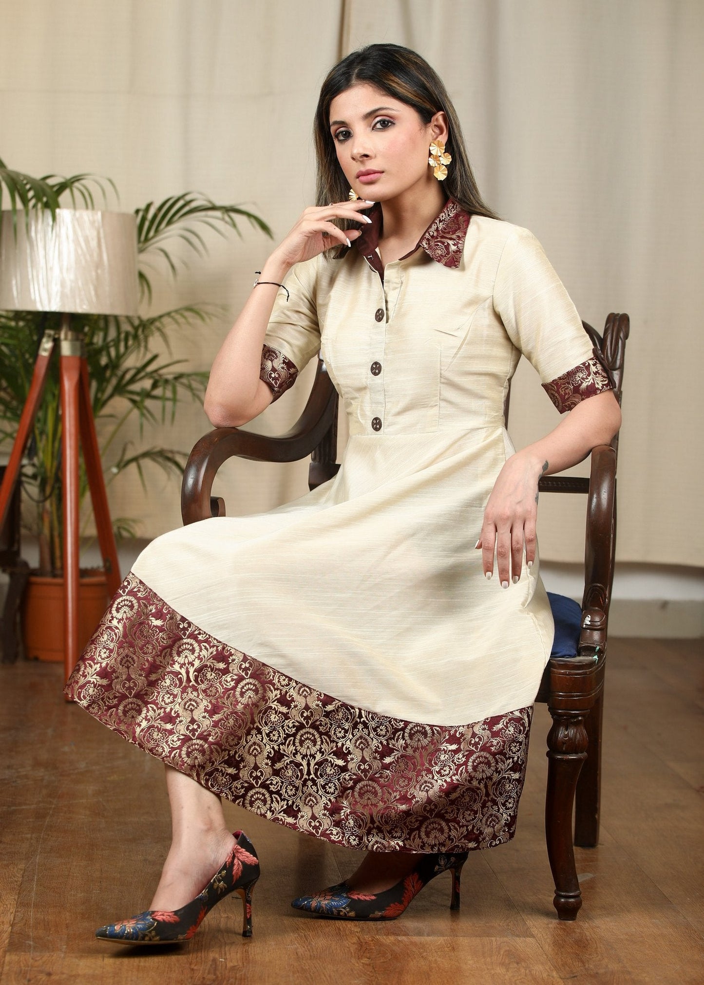 Cream cotton silk one piece dress with benarasi combination
