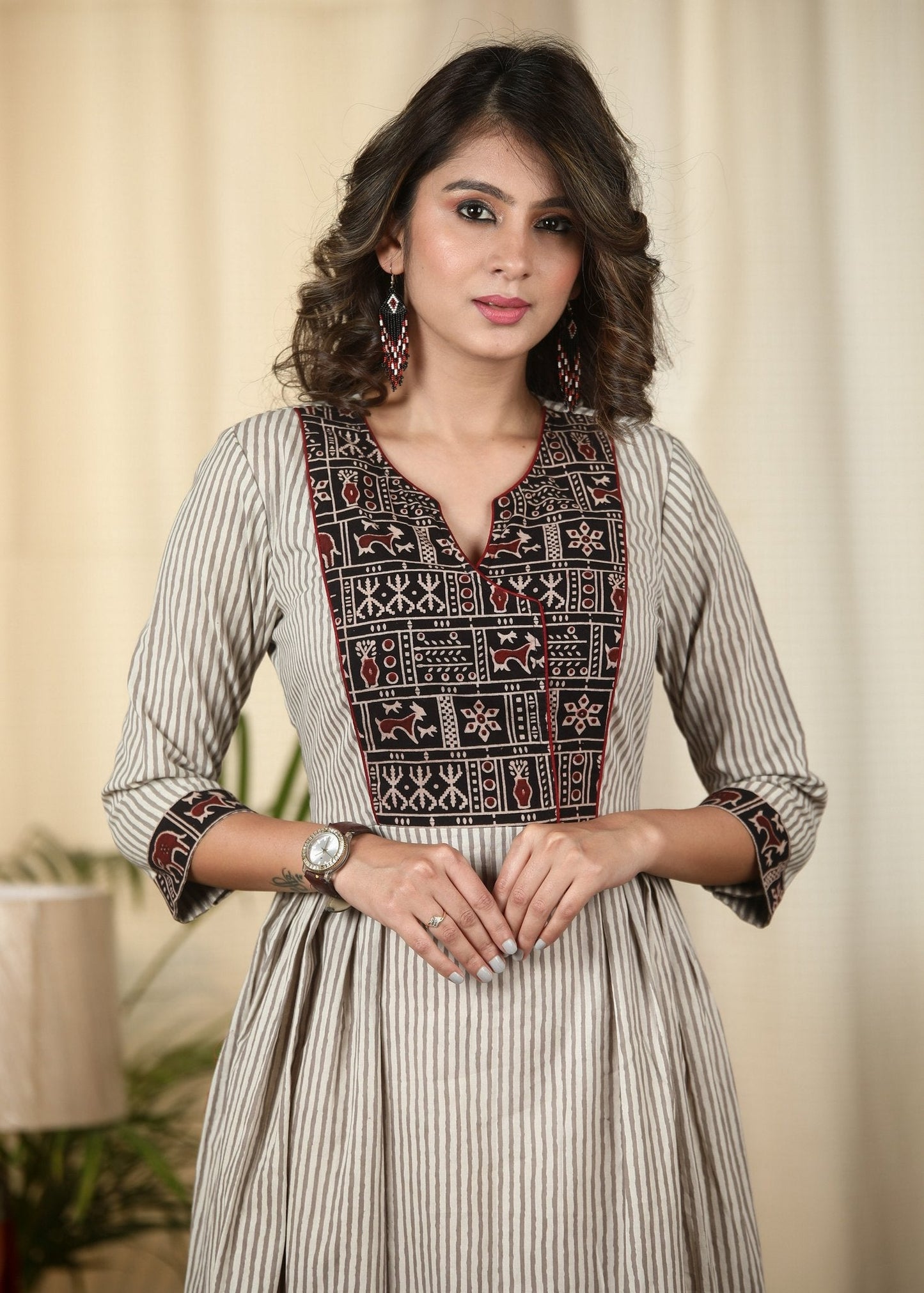 Beige striped dabu printed cotton dress with Ajrakh yoke
