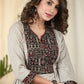 Beige striped dabu printed cotton dress with Ajrakh yoke