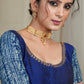 Blue Cotton Silk Blouse with Indigo Sleeves and Hand Embroidery Work On Neck and Cuffs