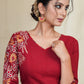 Maroon Cotton Blouse With Heavy Embroidered Sleeves with Ikat piping