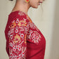Maroon Cotton Blouse With Heavy Embroidered Sleeves with Ikat piping