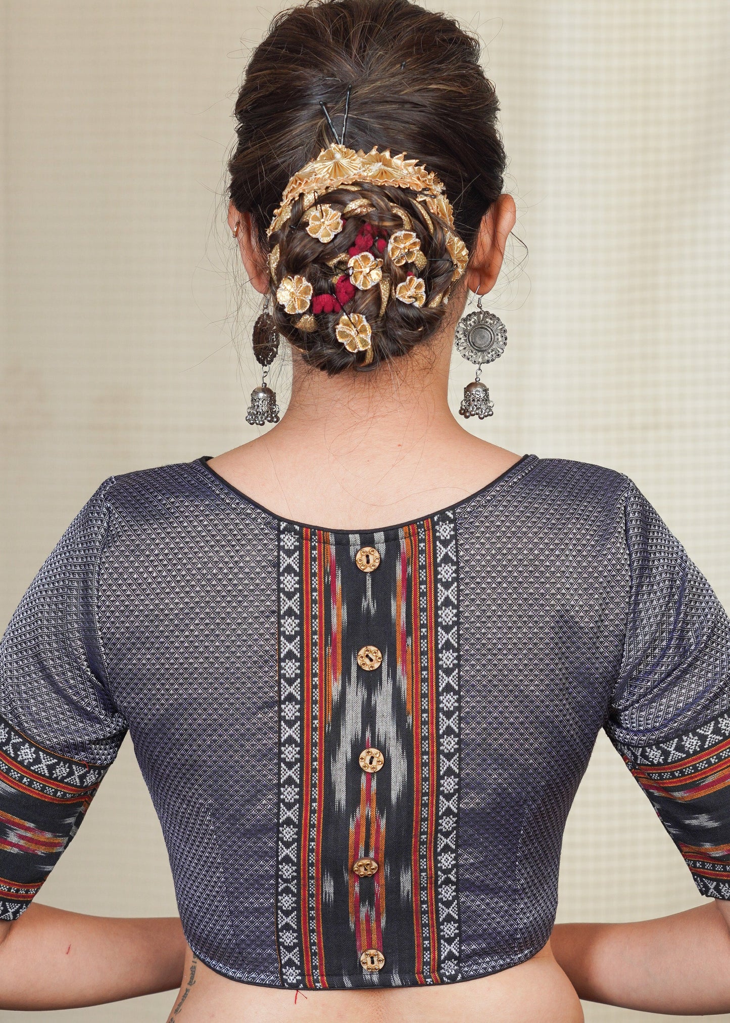 Grey Khun Blouse with Ikat Combination