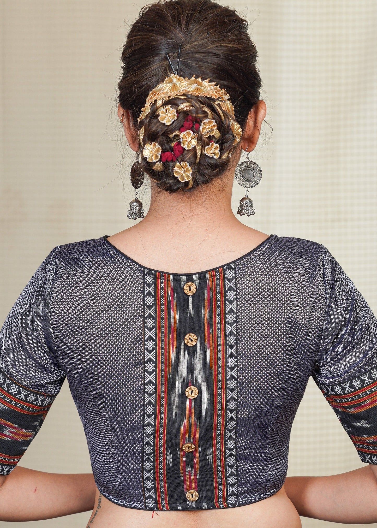 Grey Khun Blouse with Ikat Combination