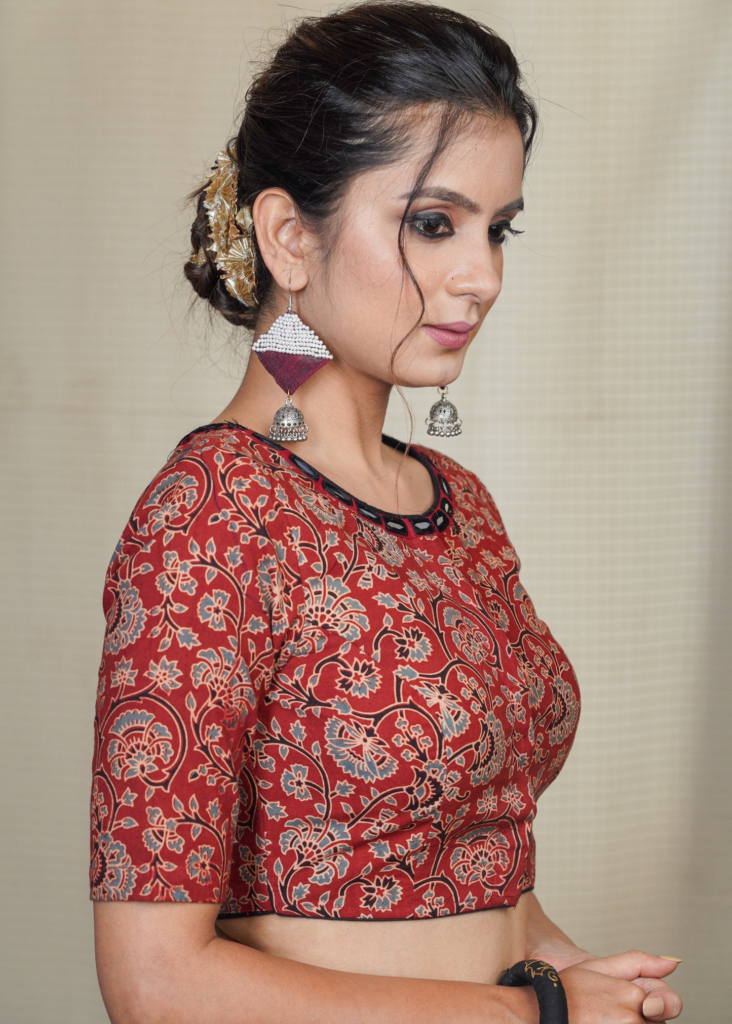 Brick Colour cotton Ajrakh Blouse with Hand Mirrorwork at the Neck