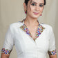 White Cotton Silk Blouse With Classy Embroidery Work On Collar and Sleeves and lining. Embroidered Belt Optional