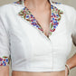 White Cotton Silk Blouse With Classy Embroidery Work On Collar and Sleeves and lining. Embroidered Belt Optional