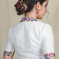 White Cotton Silk Blouse With Classy Embroidery Work On Collar and Sleeves and lining. Embroidered Belt Optional