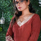 Maroon Cotton Ajrakh striped kurta with embroidery on hem & sleeves and smart Neck Pattern