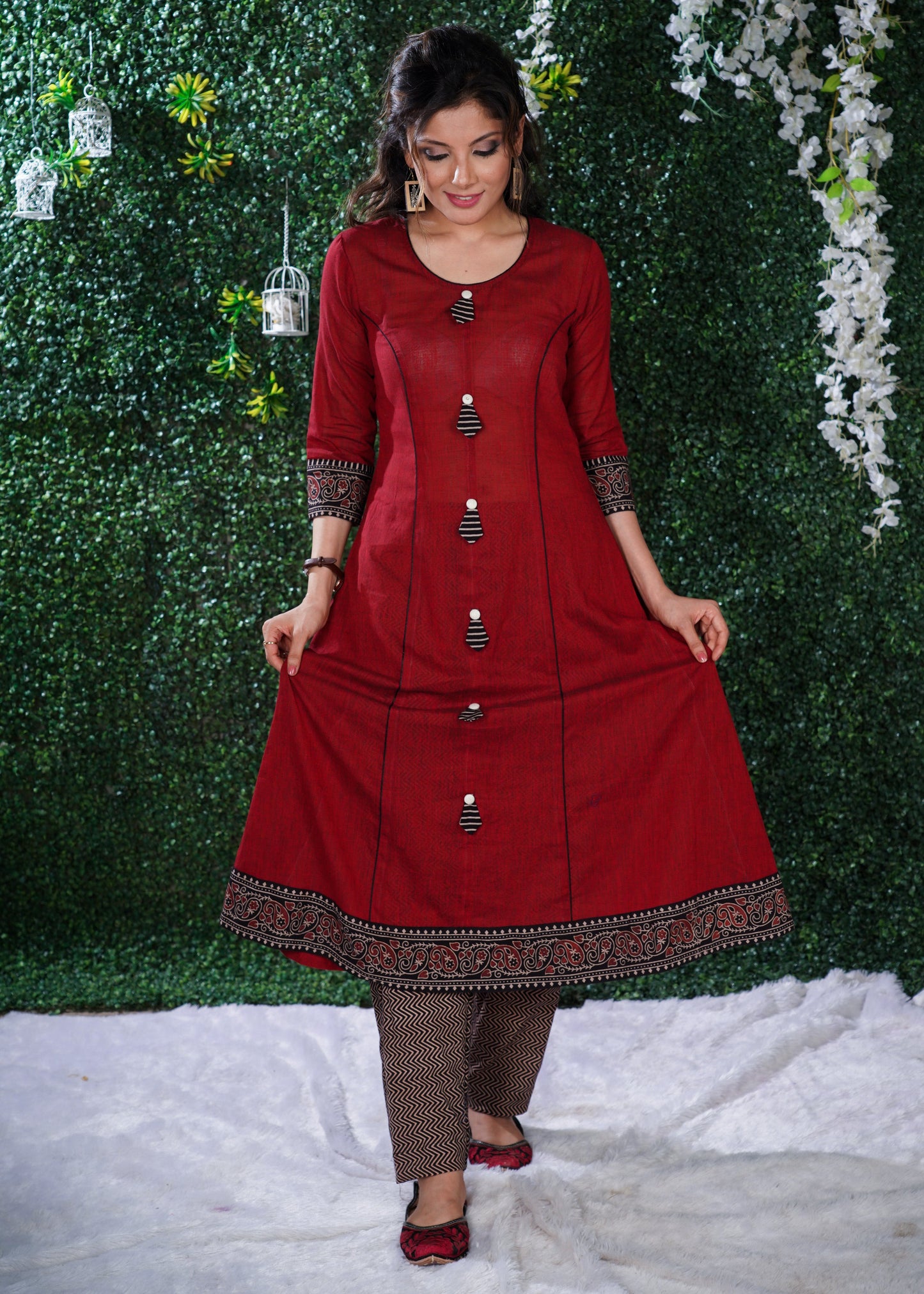 Simple Elegant Maroon Cotton kurta with Ajrakh Border
