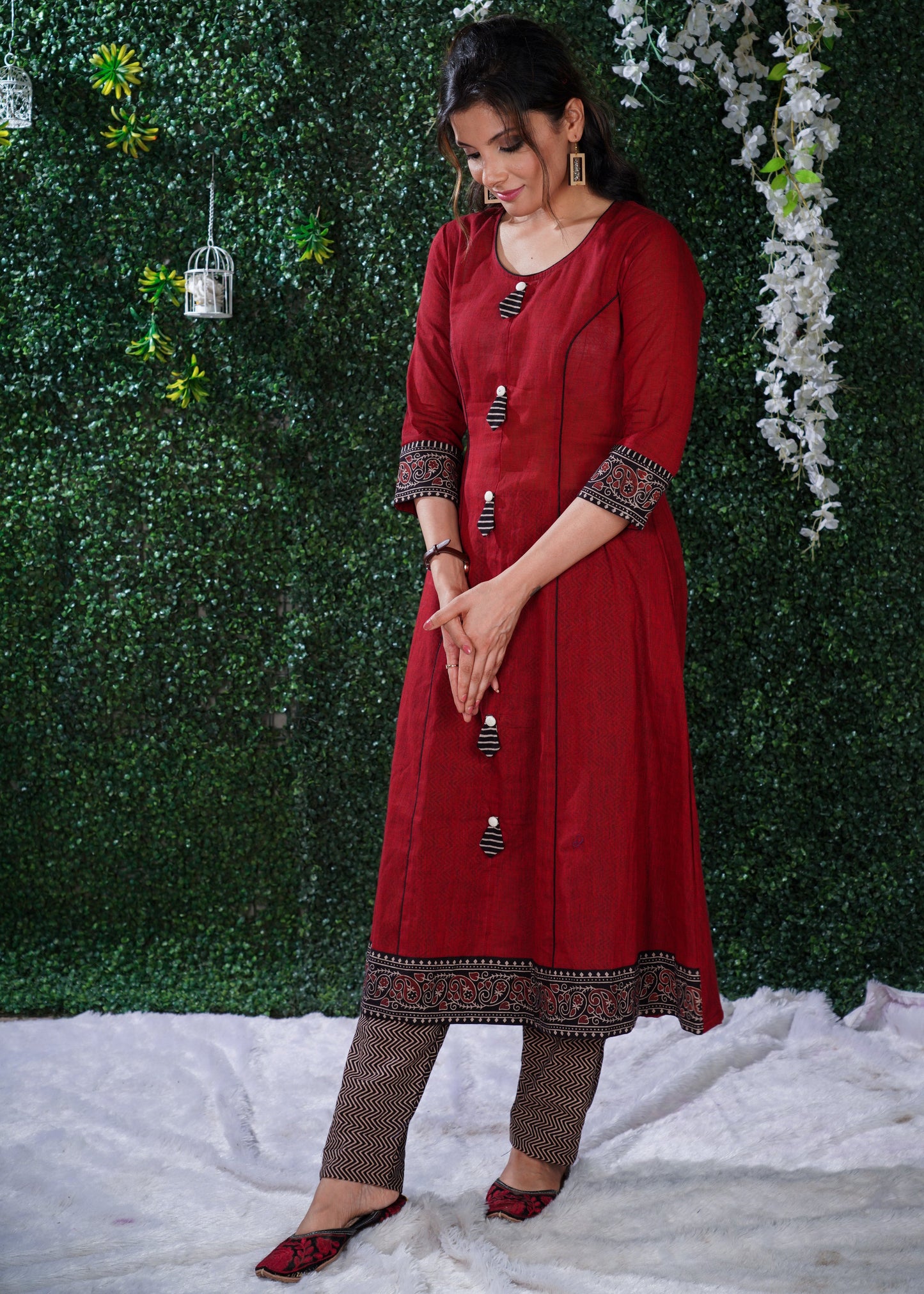 Simple Elegant Maroon Cotton kurta with Ajrakh Border