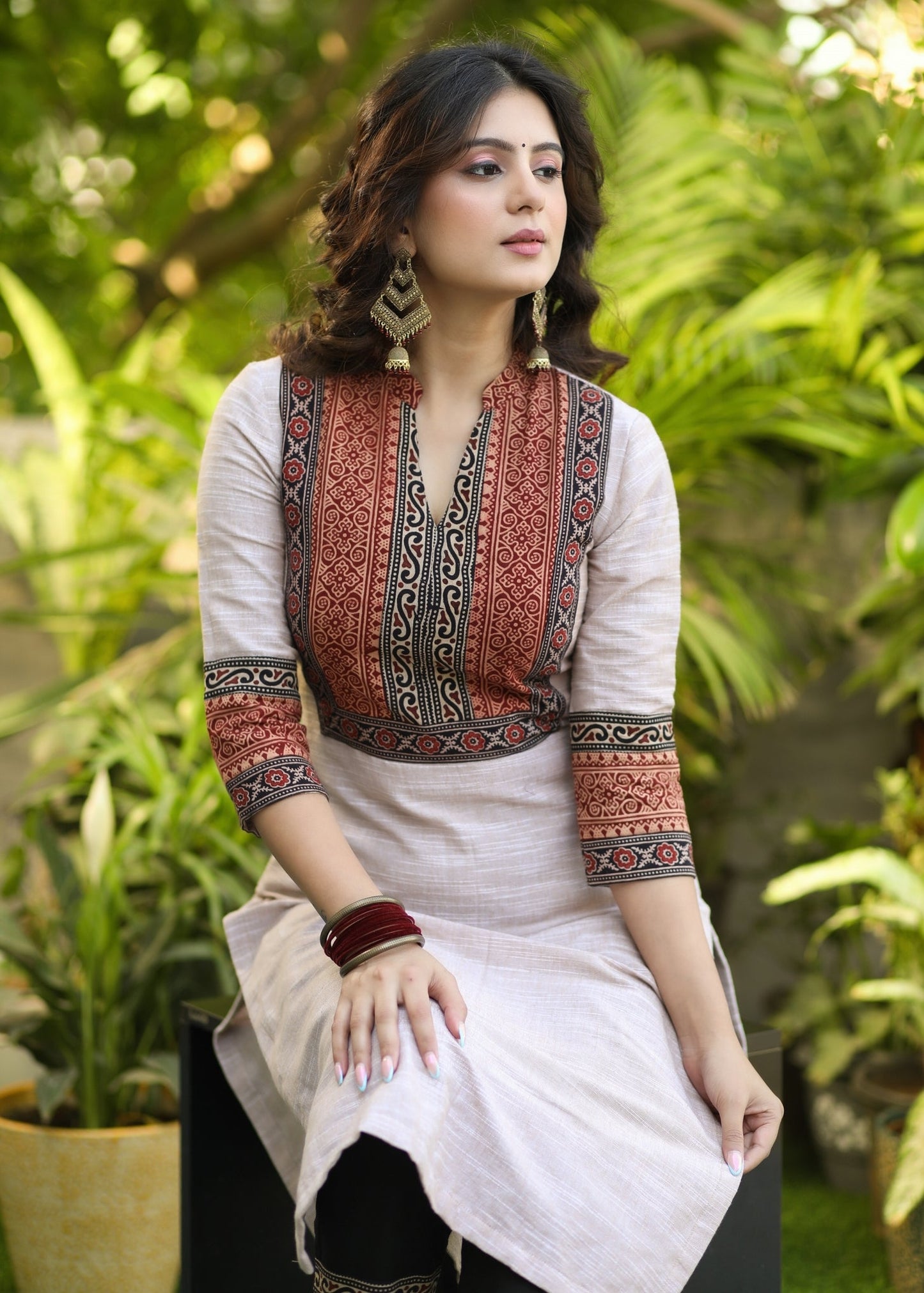 Trendy Pure Cotton Ajrakh Yoke Kurta Pant Set - Dupatta Optional