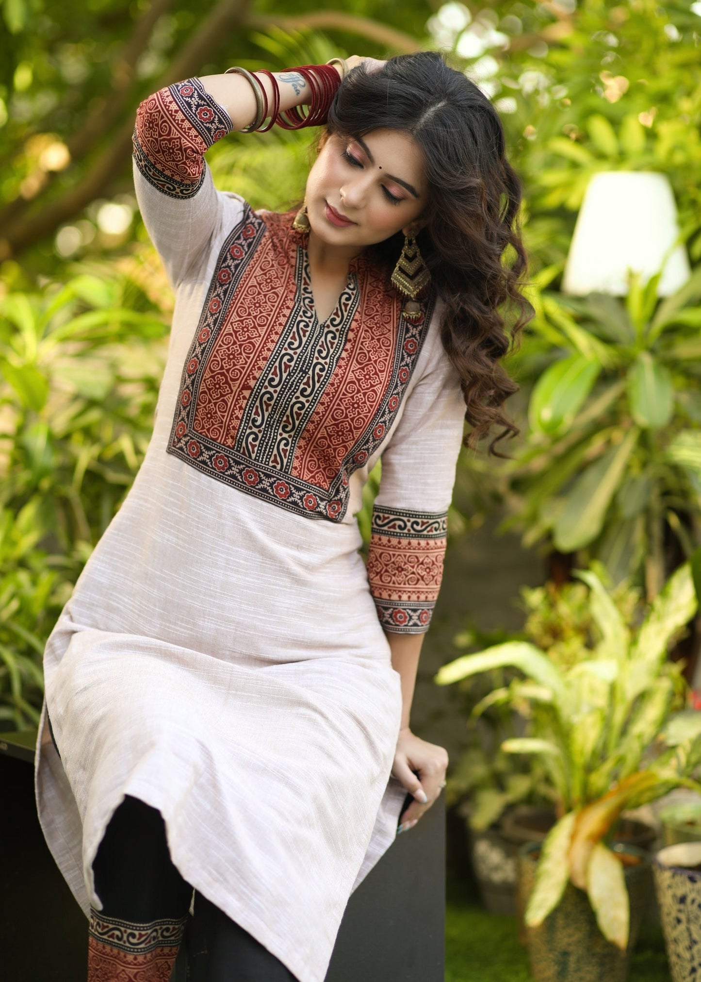 Trendy Pure Cotton Ajrakh Yoke Kurta Pant Set - Dupatta Optional