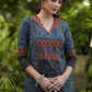 Elegant Navy Blue Embellished Cotton Ajrakh Kurti - Pant Optional