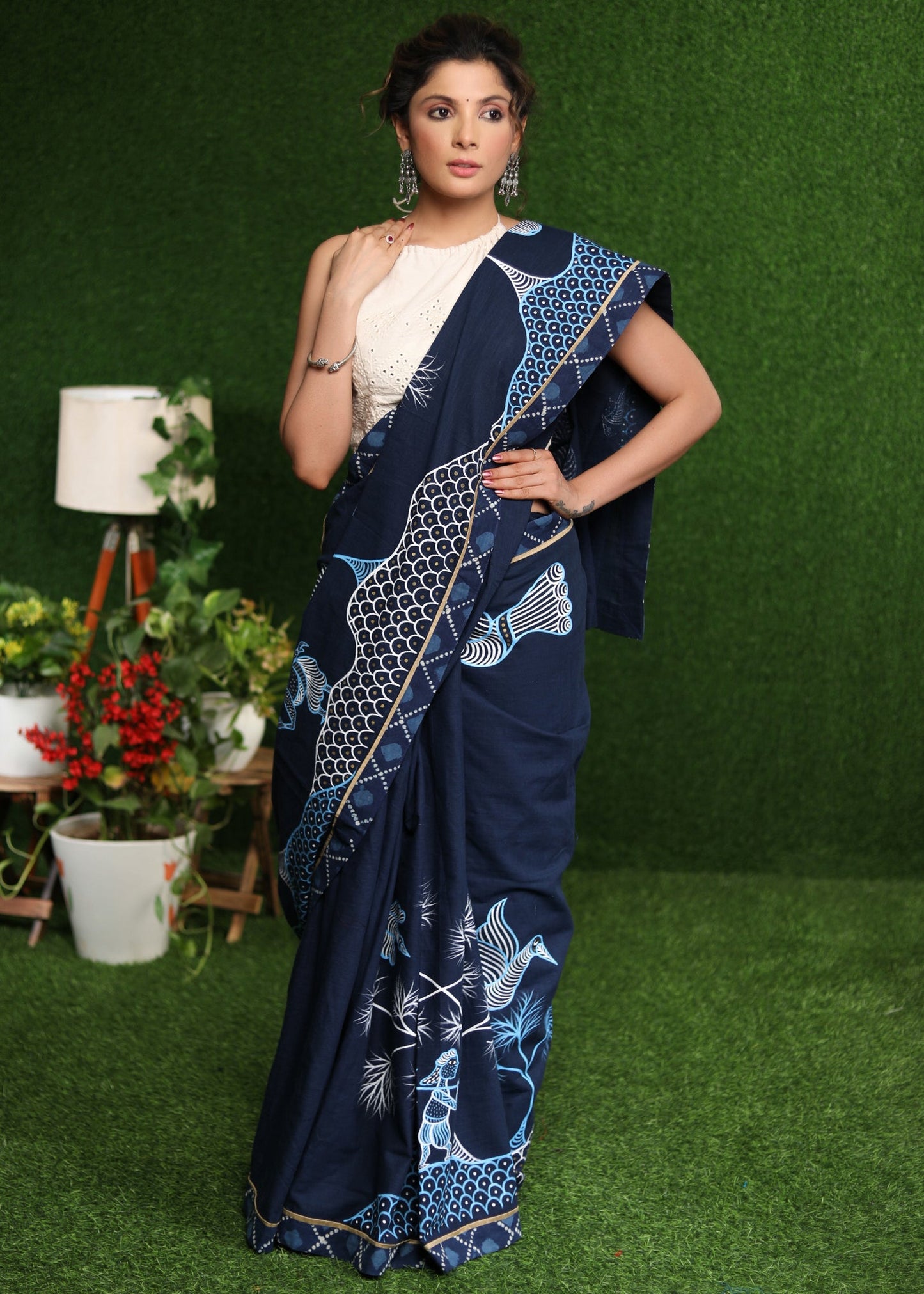 Classy blue Cotton saree with exclusive Gond painting & indigo border