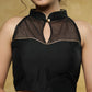 Stylish black Net enhanced Cotton-silk blouse highlighted with gold Zari piping on sweetheart neckline and mandarin collar