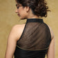 Stylish black Net enhanced Cotton-silk blouse highlighted with gold Zari piping on sweetheart neckline and mandarin collar