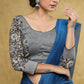 Slate grey Cotton floral Ajrakh combination blouse with beautiful back detailing