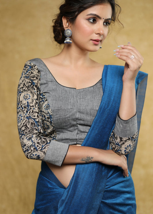 Slate grey Cotton floral Ajrakh combination blouse with beautiful back detailing - optional saree