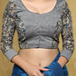 Slate grey Cotton floral Ajrakh combination blouse with beautiful back detailing