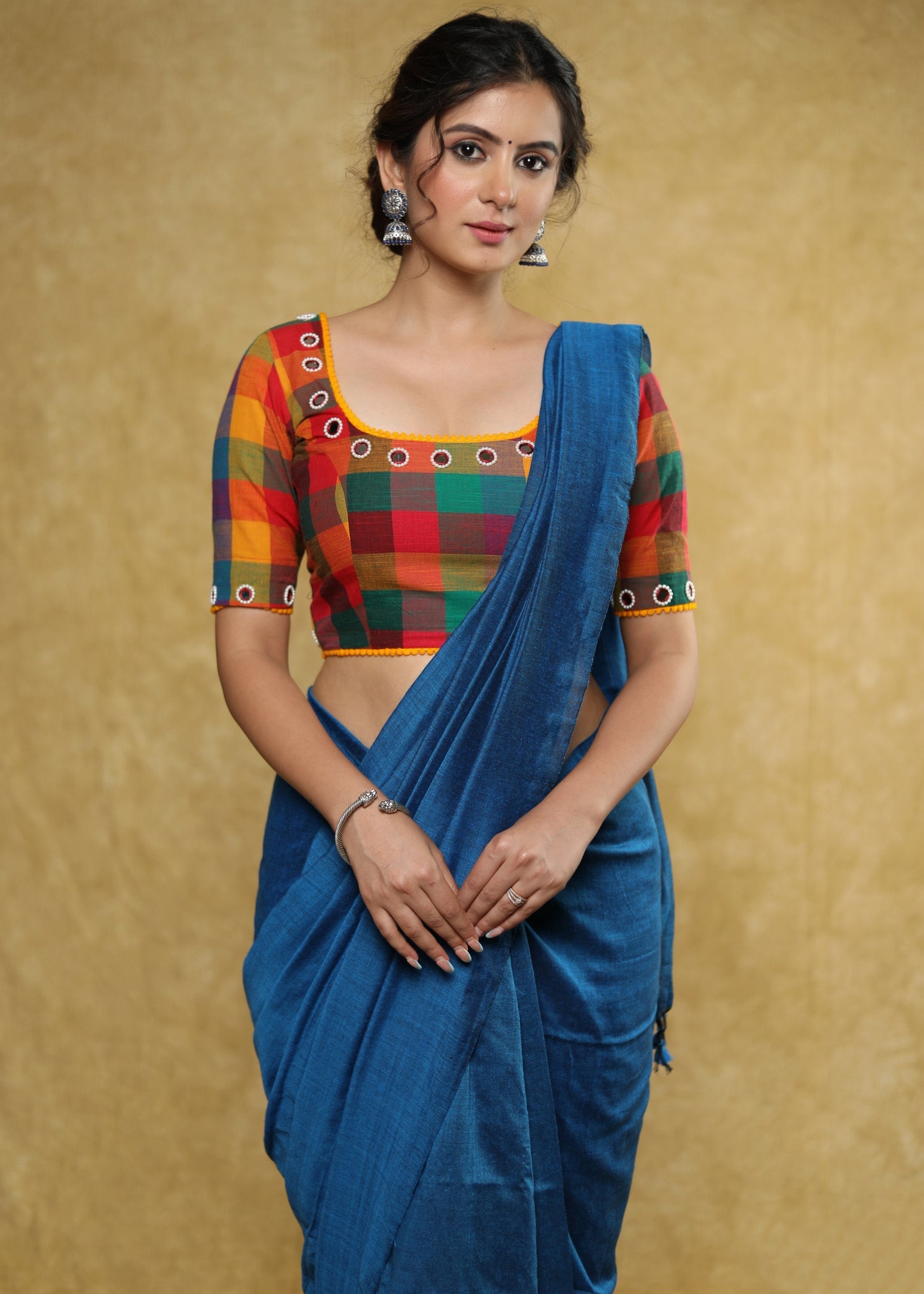 Standout checks Handloom Cotton blouse with delicate mirror work and lace detailing
