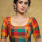 Standout checks Handloom Cotton blouse with delicate mirror work and lace detailing