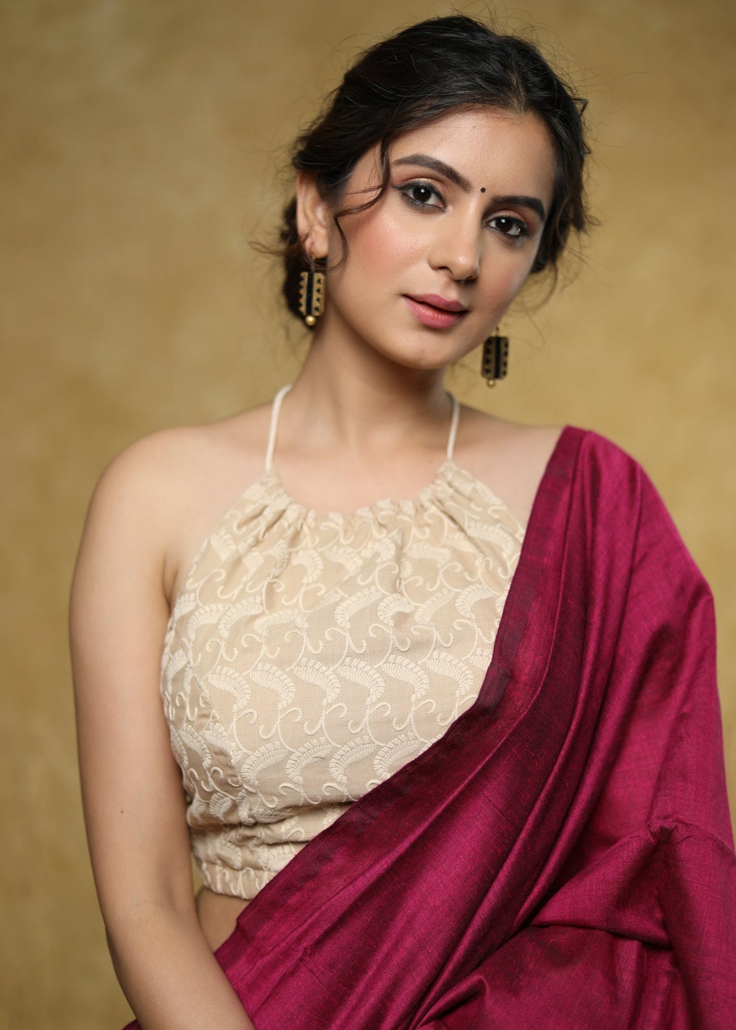 Cream cotton Hakoba halter neck blouse