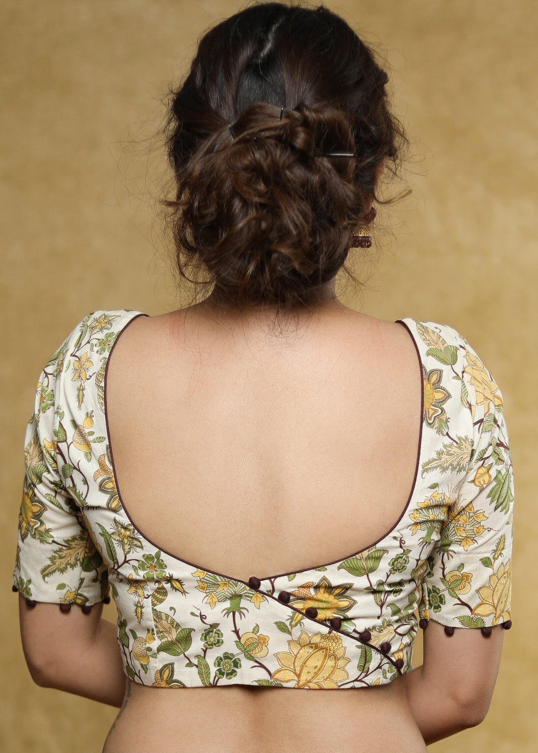 Classy cream Cotton block printed blouse with brown detailing and brown buttons - Plain Saree Optional