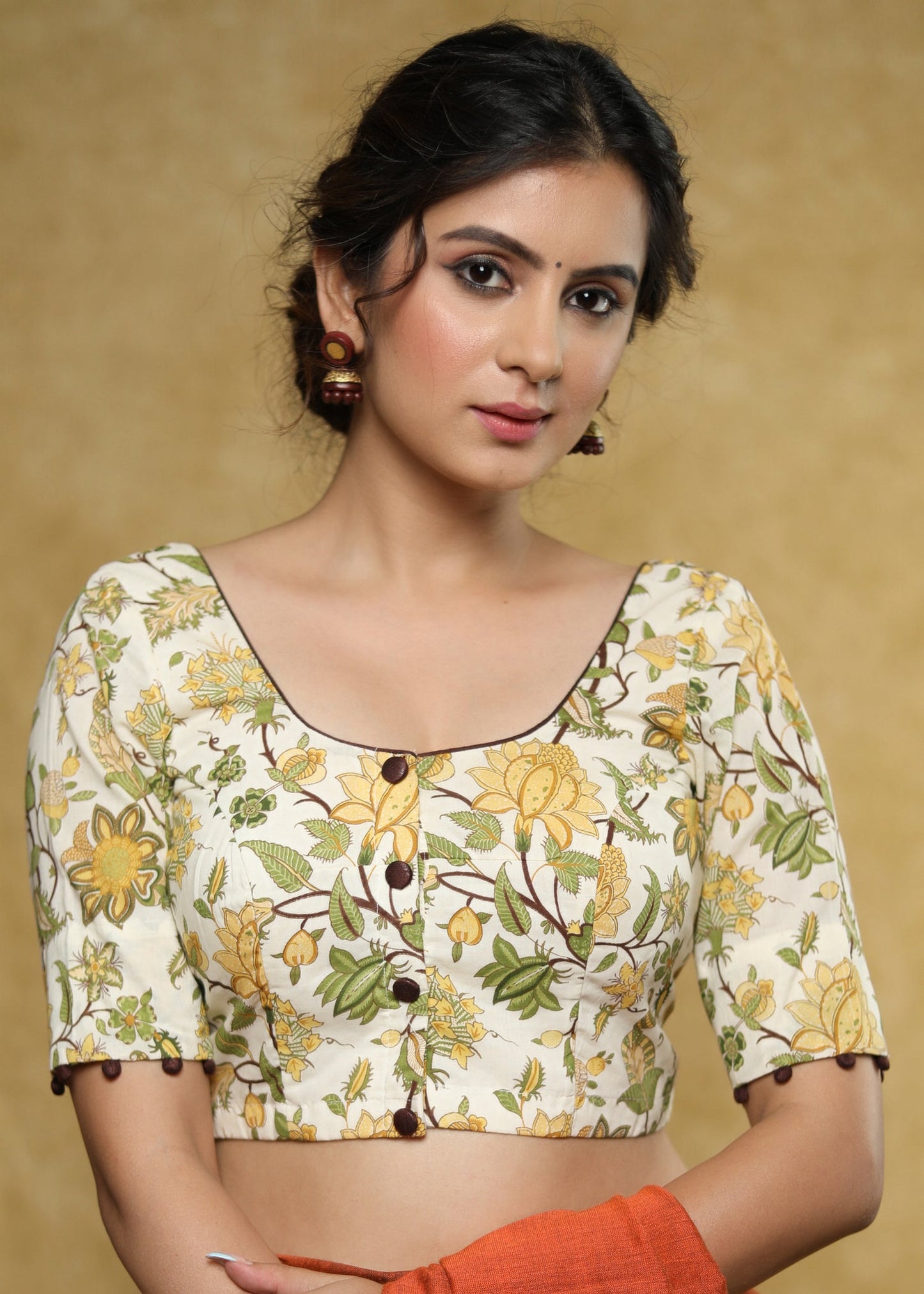 Classy cream Cotton block printed blouse with brown detailing and brown buttons - Plain Saree Optional