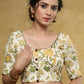 Classy cream Cotton block printed blouse with brown detailing and brown buttons - Plain Saree Optional