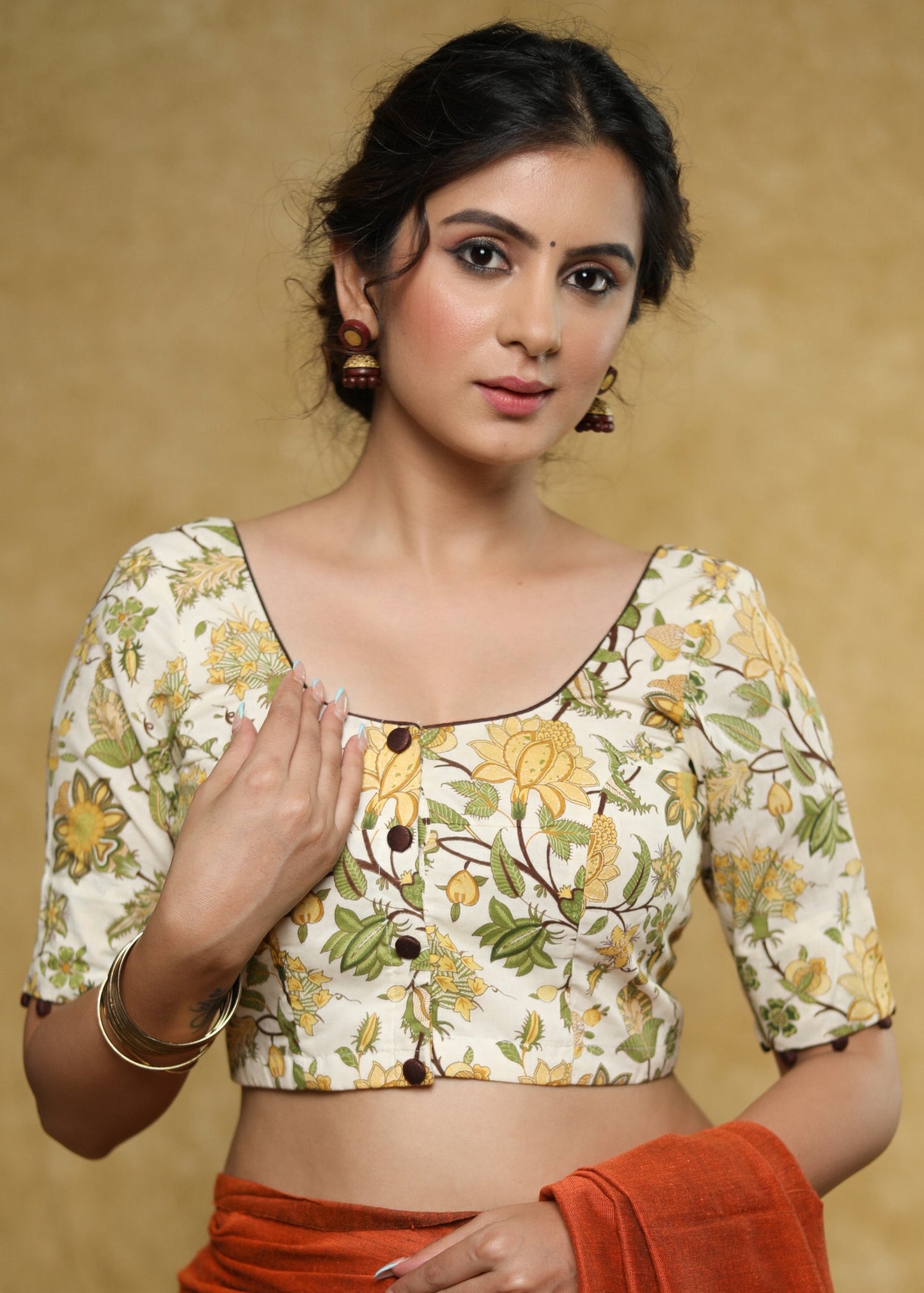 Classy cream Cotton block printed blouse with brown detailing and brown buttons - Plain Saree Optional