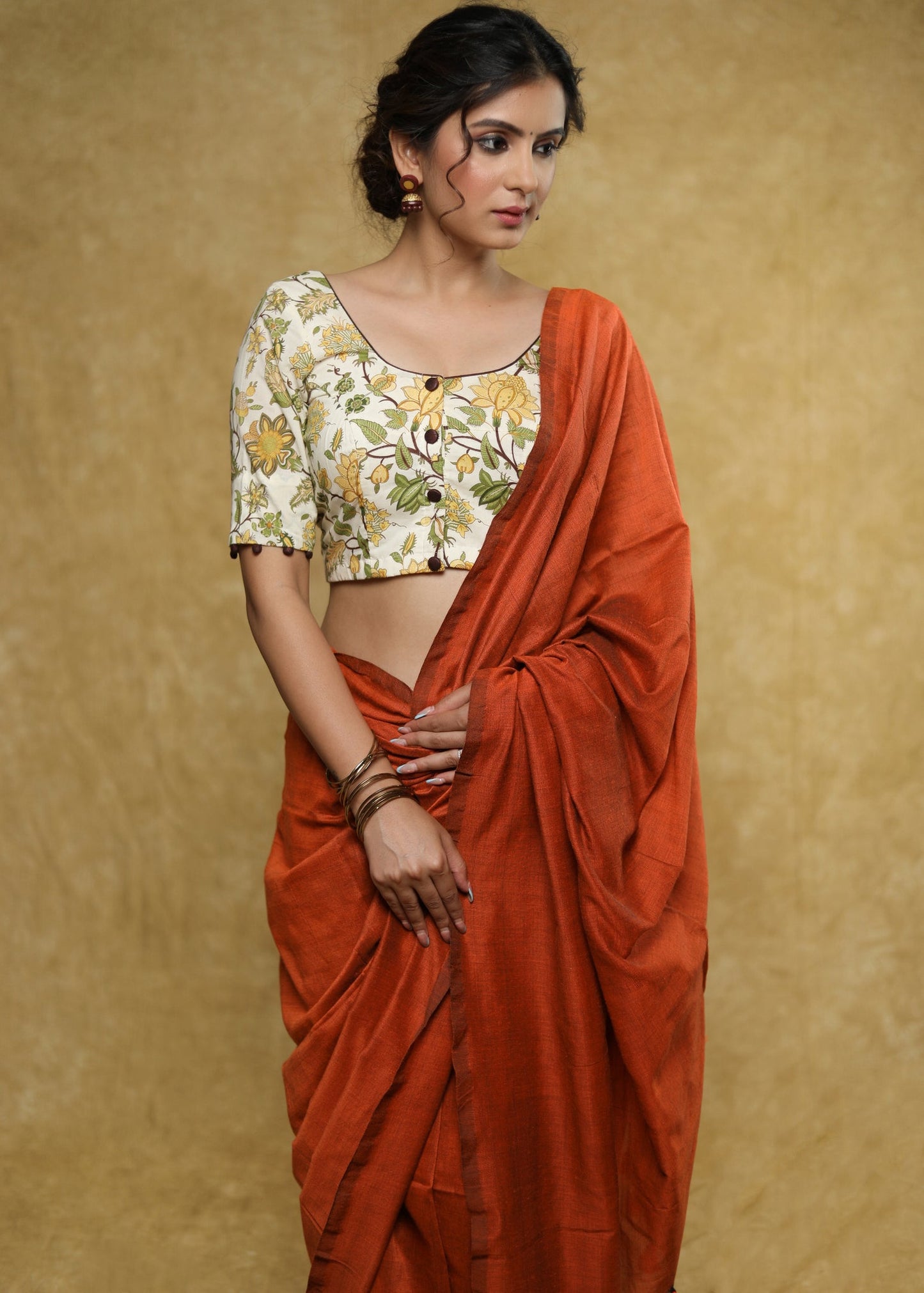 Classy cream Cotton block printed blouse with brown detailing and brown buttons - Plain Saree Optional