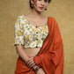 Classy cream Cotton block printed blouse with brown detailing and brown buttons - Plain Saree Optional