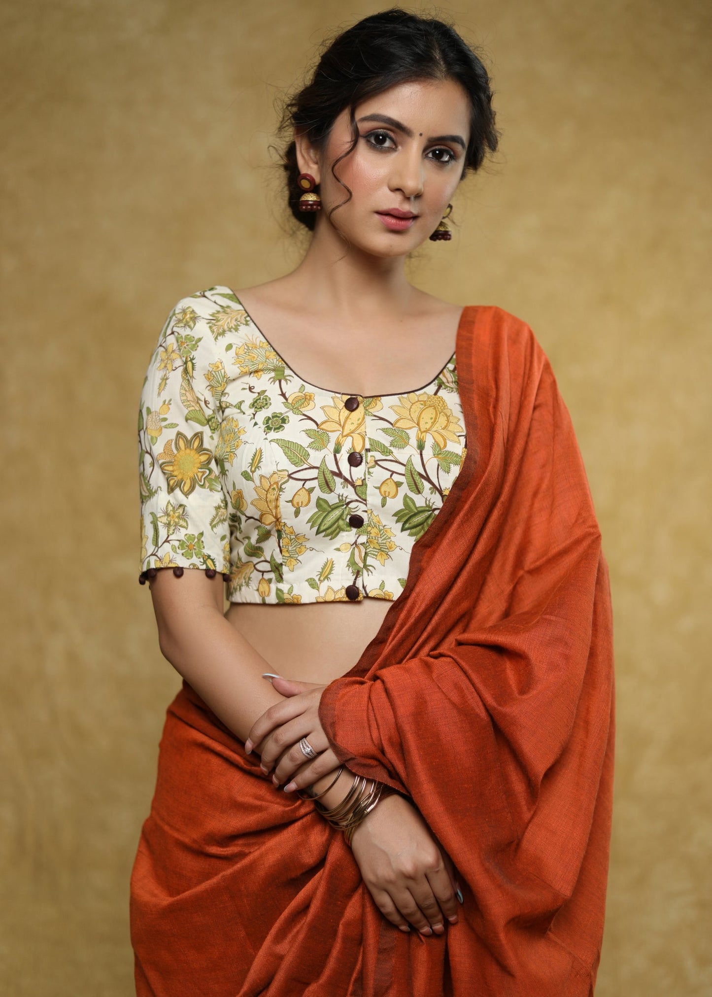Classy cream Cotton block printed blouse with brown detailing and brown buttons - Plain Saree Optional